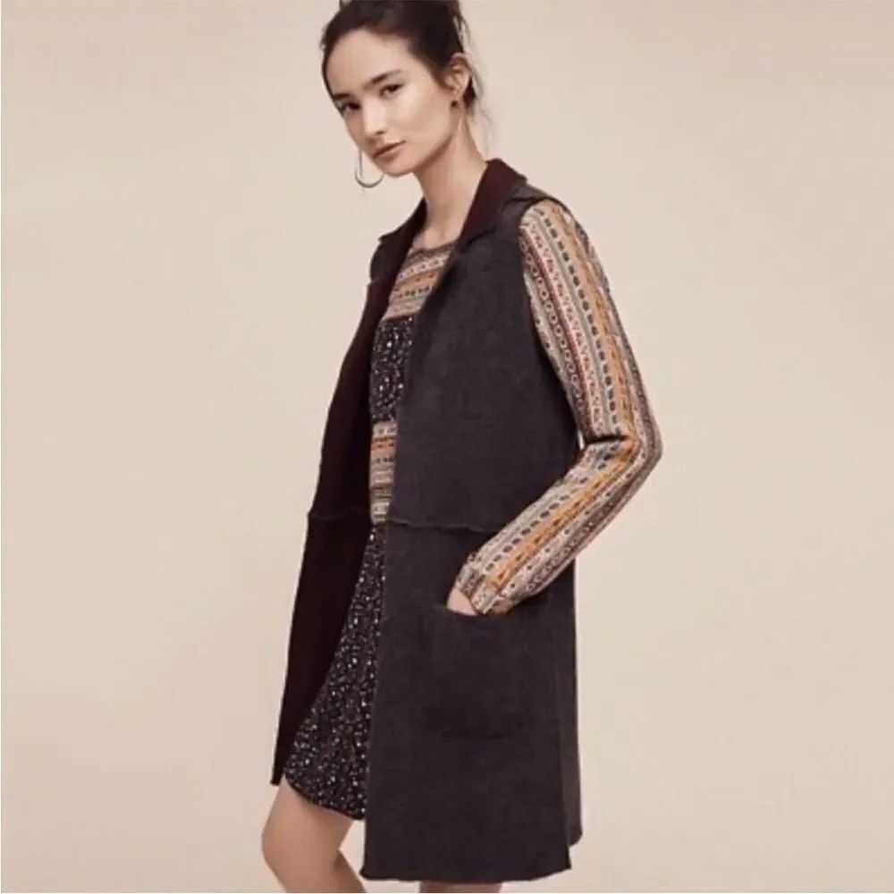 Anthropologie Moth Morris Gray Pockets Open Style Duster Vest Minimalist Boho